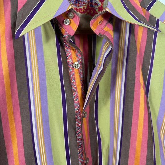 Robert Graham Mens L Bold Multicolor Stripe Button Front Shirt Flip Cuff Cotton - Picture 13 of 14
